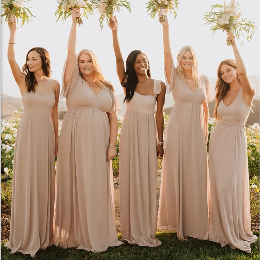 NWT Show Me Your Mumu June Beige Chiffon Maxi Bridesmaid Dress, Size Small